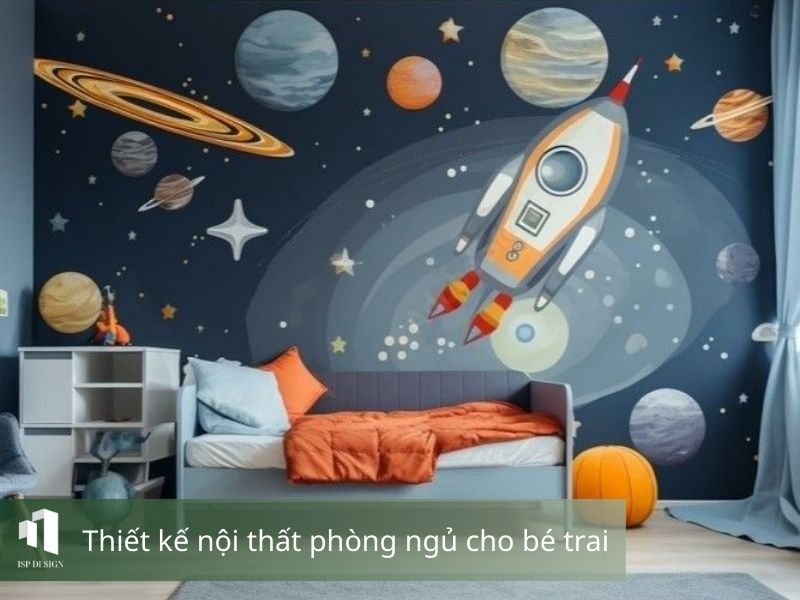 Phòng ngủ cho bé trai với giấy dán tường độc đáo